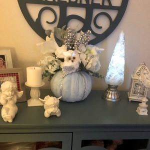 Crafted pumpkin with ice blue detail and bling accents.